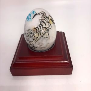 Marble Egg With Asian Tiger Etching and Wooden Stand